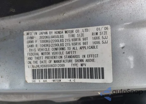 2006 Honda Cr-V Lx из США, поврежденный, VIN JHLRD68506C012089